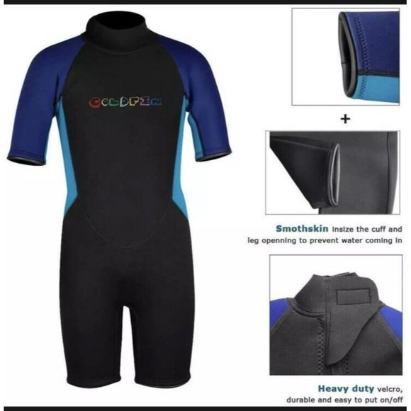 GoldFin Childrens Shorty Wetsuits Back Zip Short Sleeve SZ:10 Black/Blue NEW - Picture 1 of 9